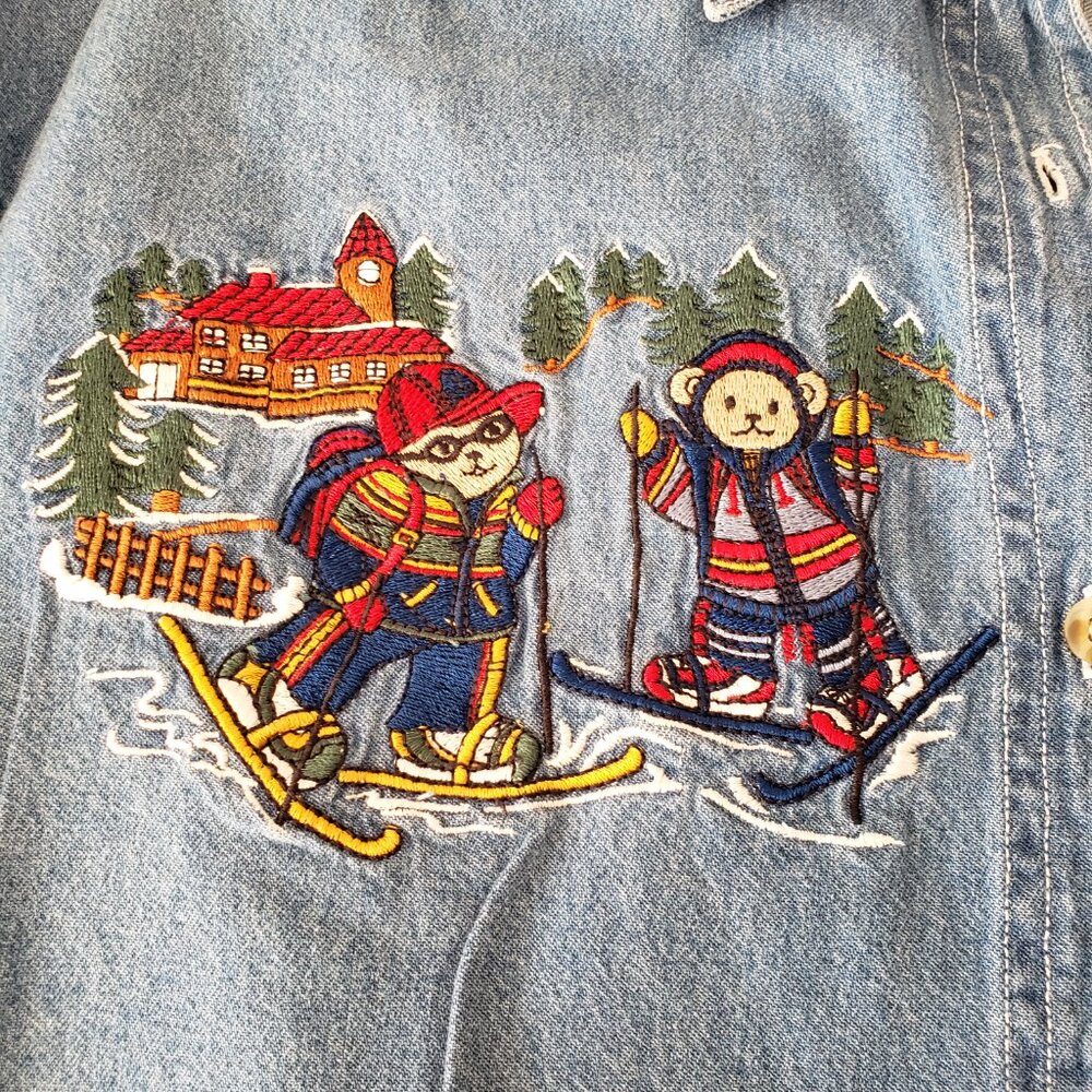 Let's Quizz Again Vintage Embroidered Skiing Bears Denim Shirt - Picture 5 of 11